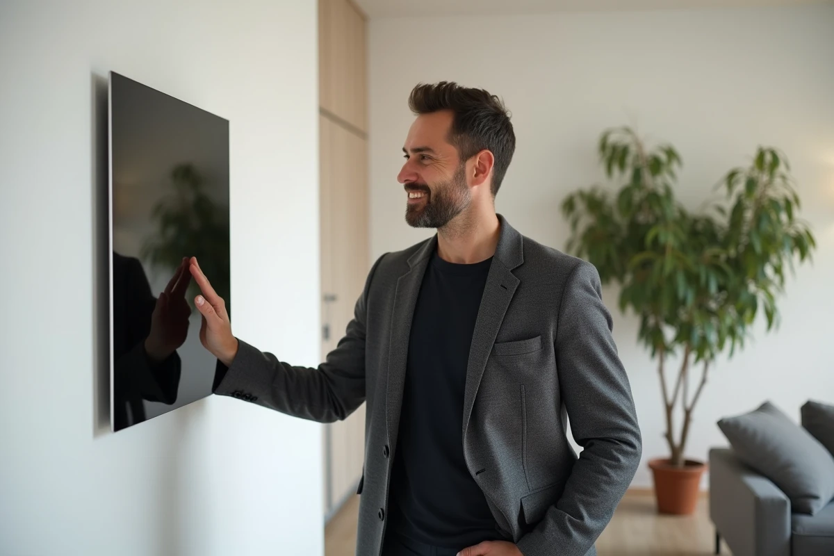 Homme interagissant avec un panneau domotique intelligent dans un salon design, innovation maison connectée
