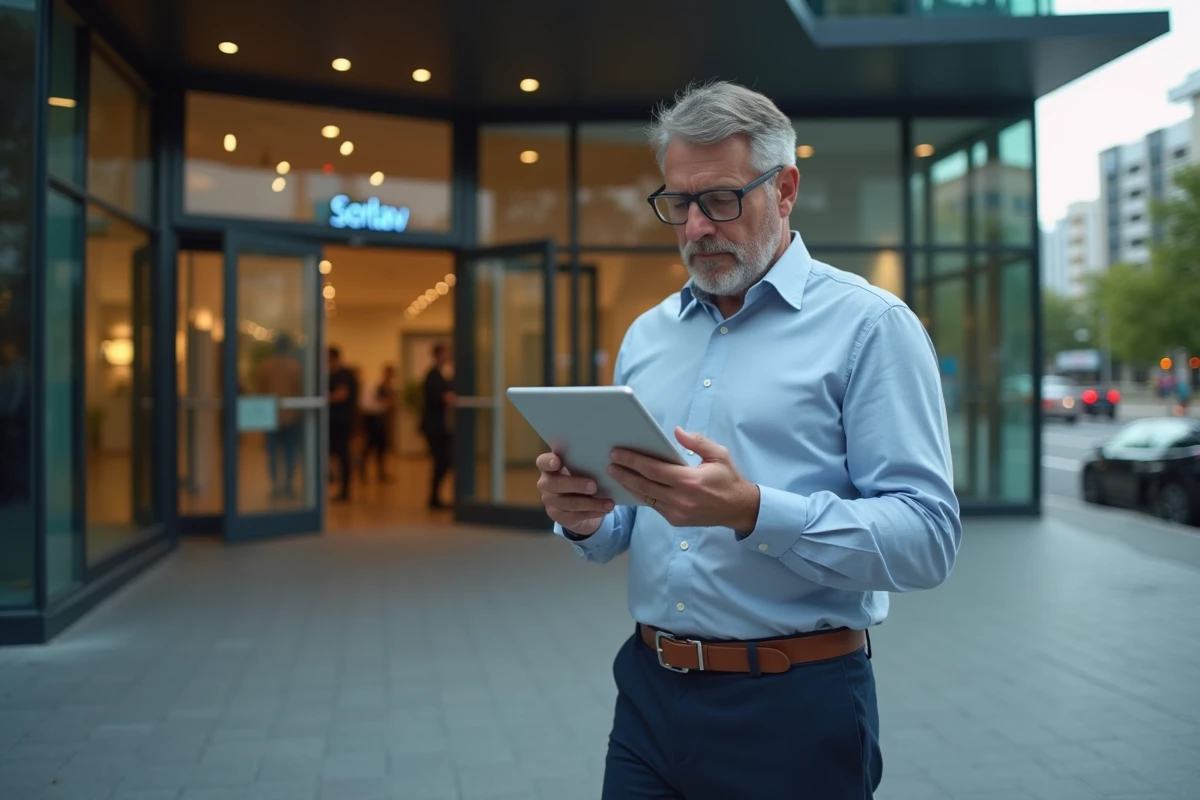 Homme d affaires étudiant un tablette devant un bâtiment moderne