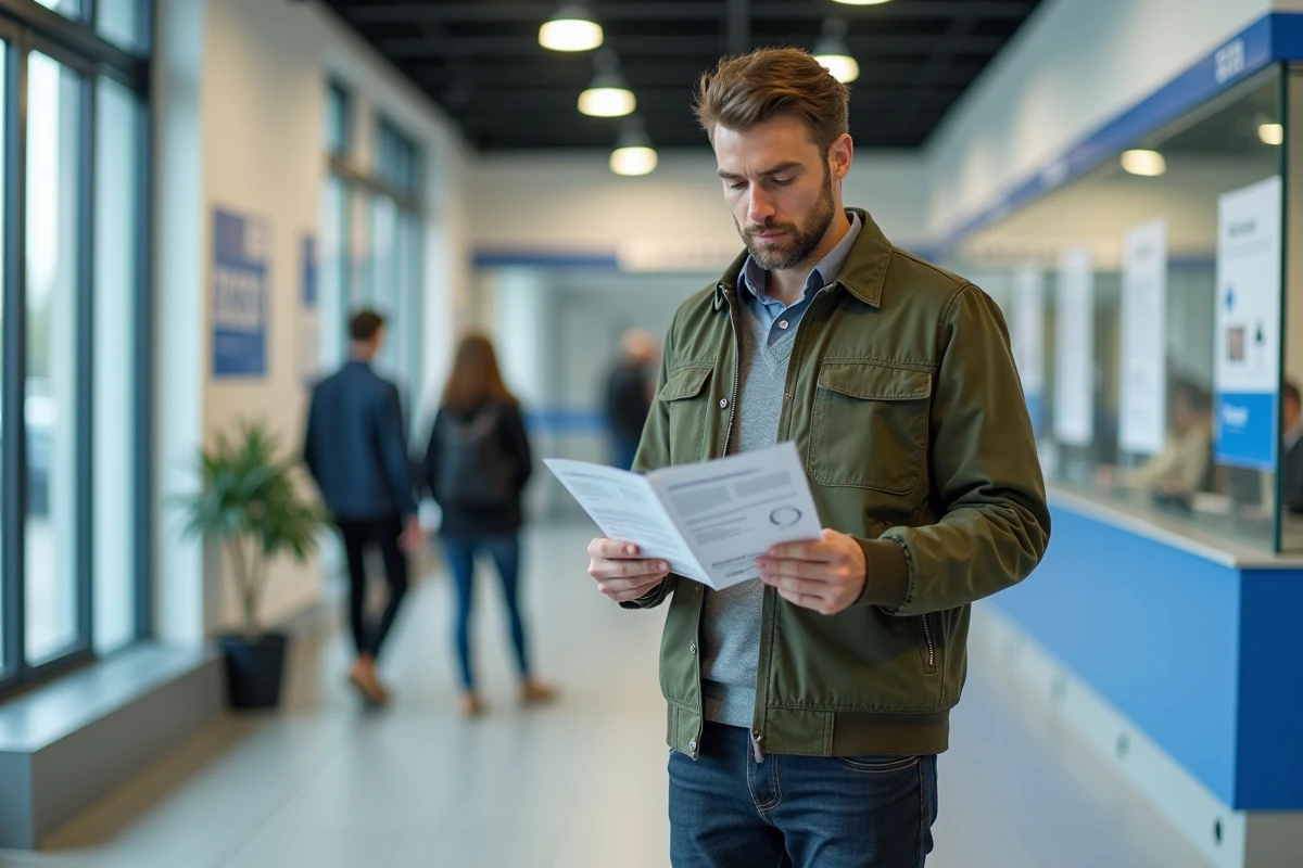 Un homme consulte un guide administratif au guichet d'une mairie pour obtenir une subvention de 400 euros