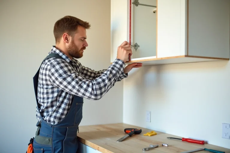Homme en vêtements de travail mesurant un mur de cuisine