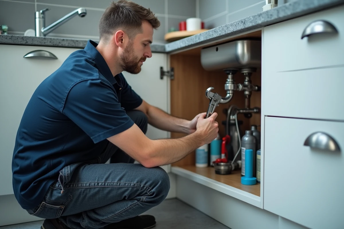 Homme réparant une plomberie sous un évier de cuisine lors d'une intervention de maintenance domestique