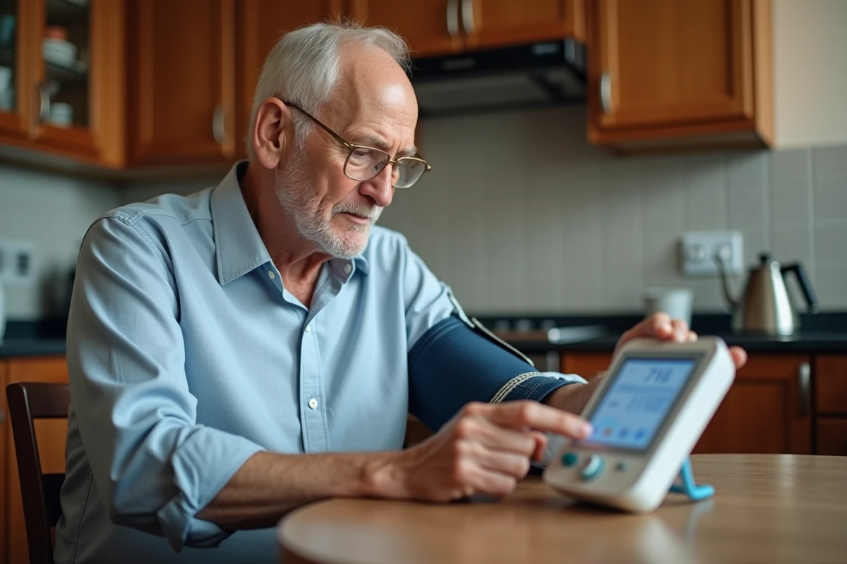 Homme âgé vérifiant sa tension dans la cuisine