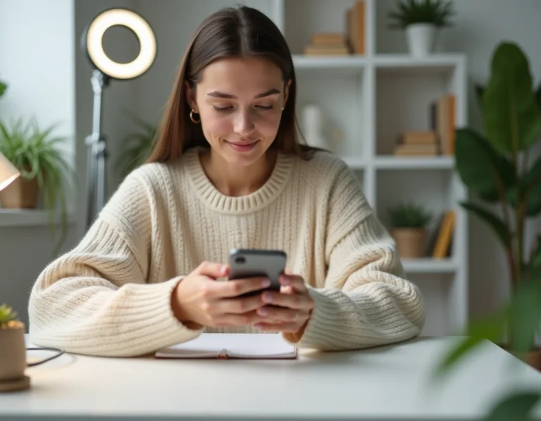 Jeune femme influenceuse digitale travaillant sur son smartphone dans un studio maison minimaliste