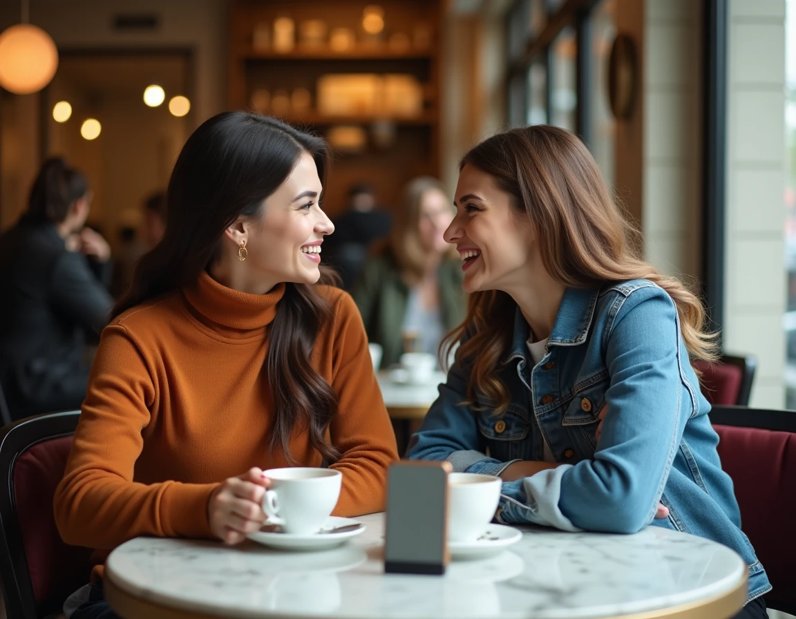 Deux influenceuses discutant tendances digitales autour d'un café dans un bistrot parisien moderne