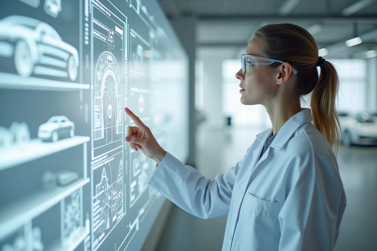 Ingénieure automobile en blouse blanche interagissant avec une interface de tableau de bord numérique dans un studio de design automobile moderne