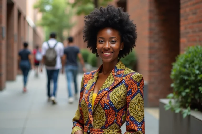 Jeune femme africaine en jumpsuit coloré dans la ville