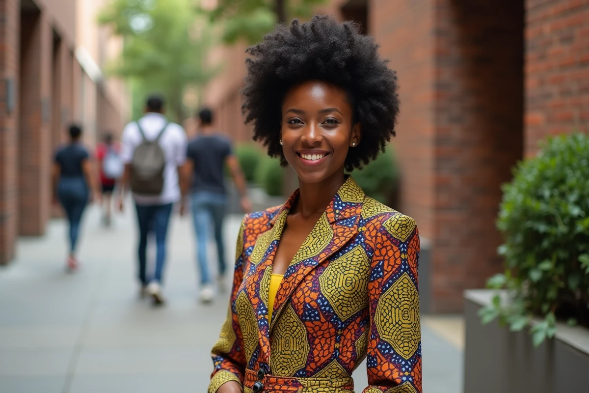 Jeune femme africaine en jumpsuit coloré dans la ville
