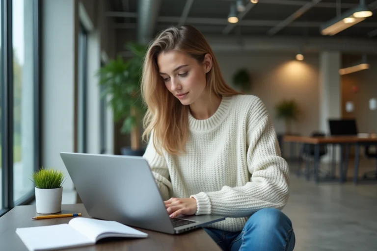Jeune femme travaillant sur un ordinateur portable en coworking