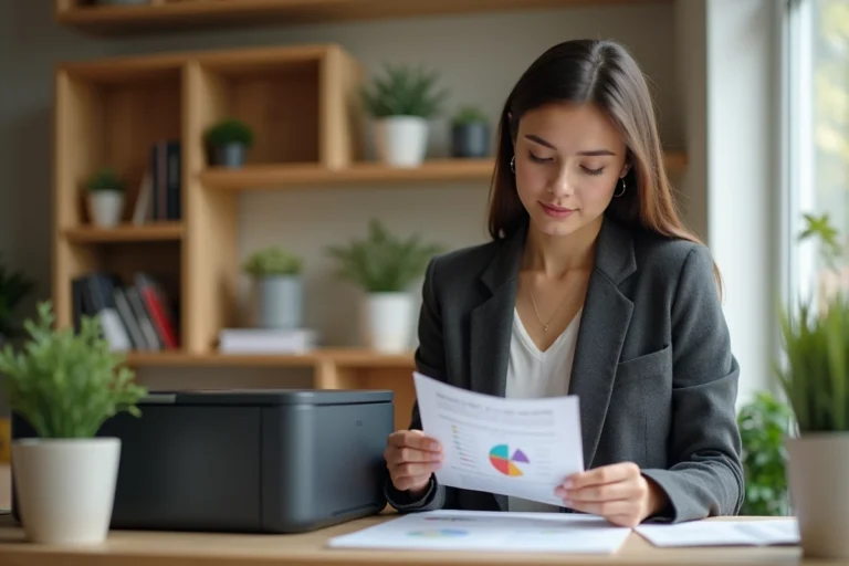 Jeune femme en bureau moderne examine une impression