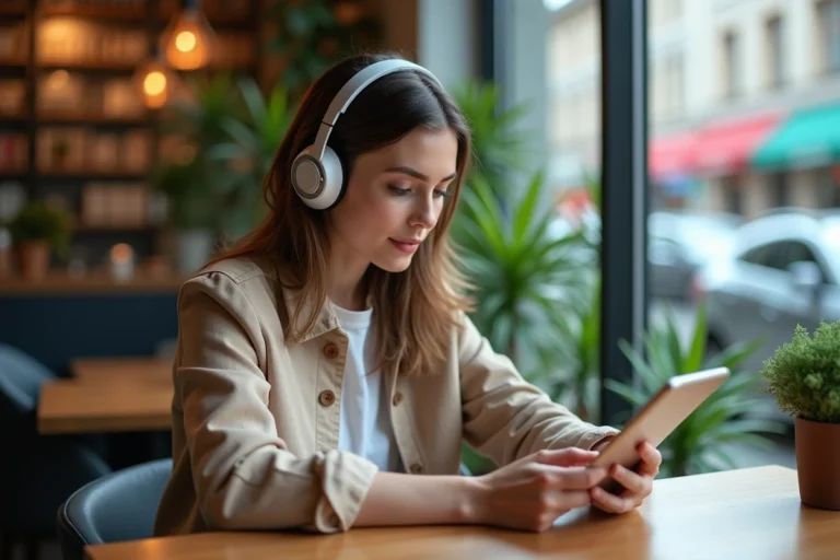 Jeune femme avec casque sans fil utilisant une tablette dans un café