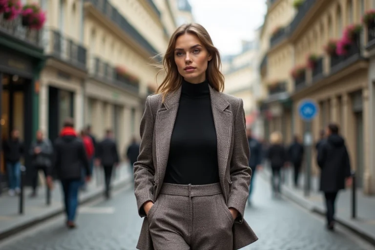 Jeune femme élégante dans Paris en blazer à motifs