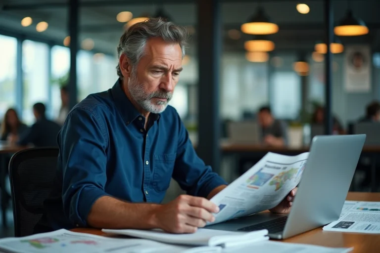 Journaliste analysant l'actualité internationale dans une salle de rédaction moderne avec journaux et carte du monde