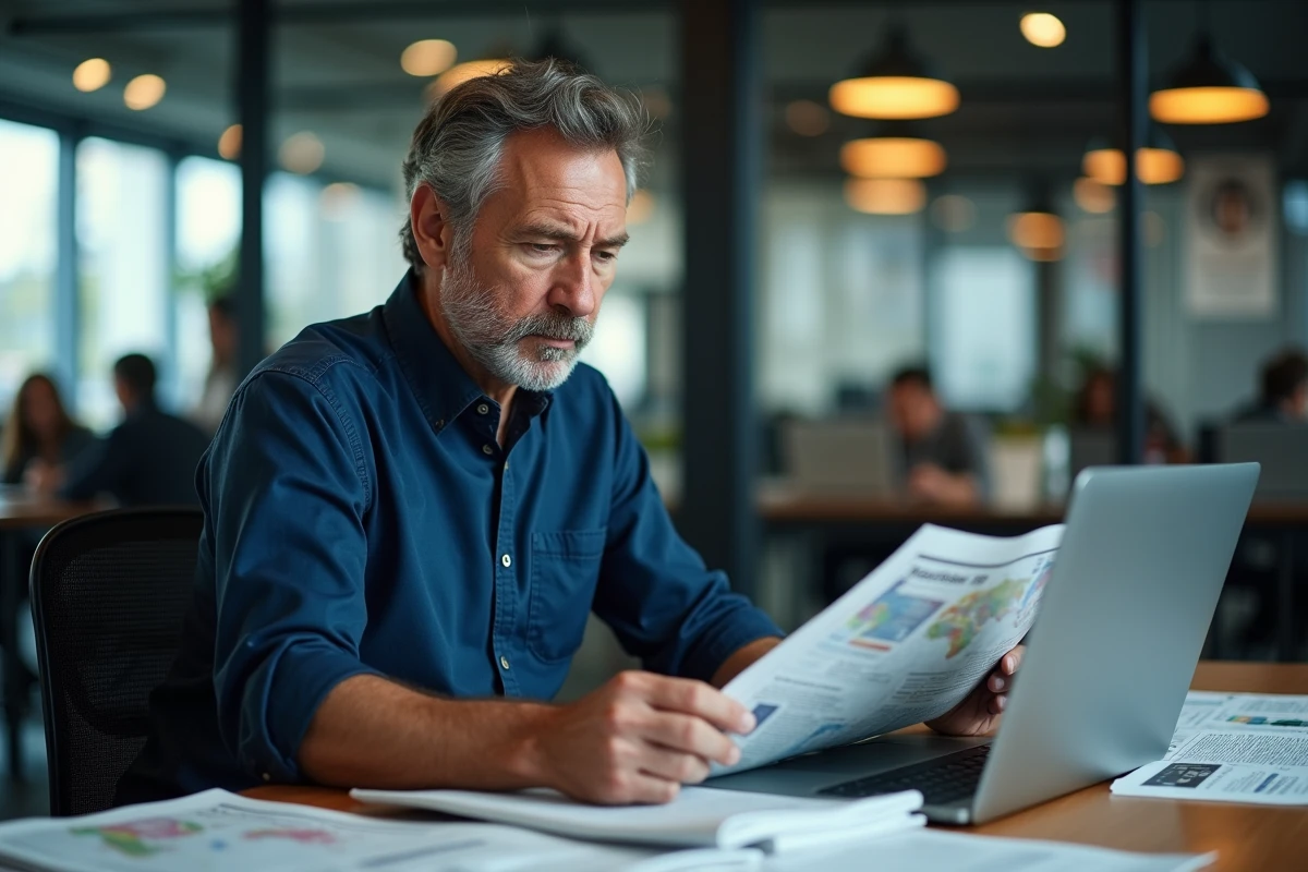 Journaliste analysant l'actualité internationale dans une salle de rédaction moderne avec journaux et carte du monde