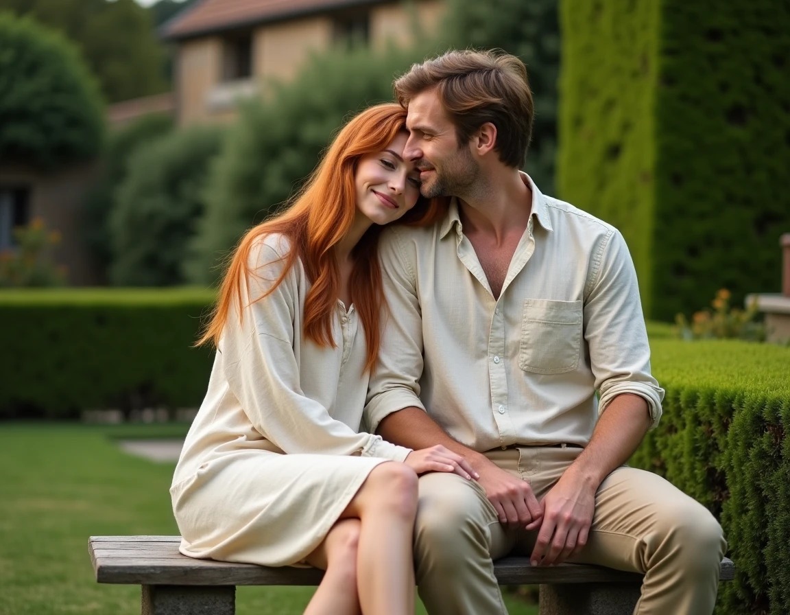 Couple discret et complice dans un jardin de propriété privée à la campagne, illustrant la vie intime et préservée de Kelly Reilly et Kyle Baugher