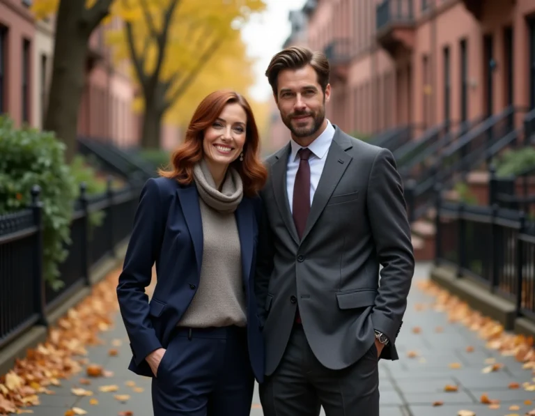Couple élégant et discret se promenant sur un trottoir automnal, évoquant la vie privée de Kelly Reilly et Kyle Baugher