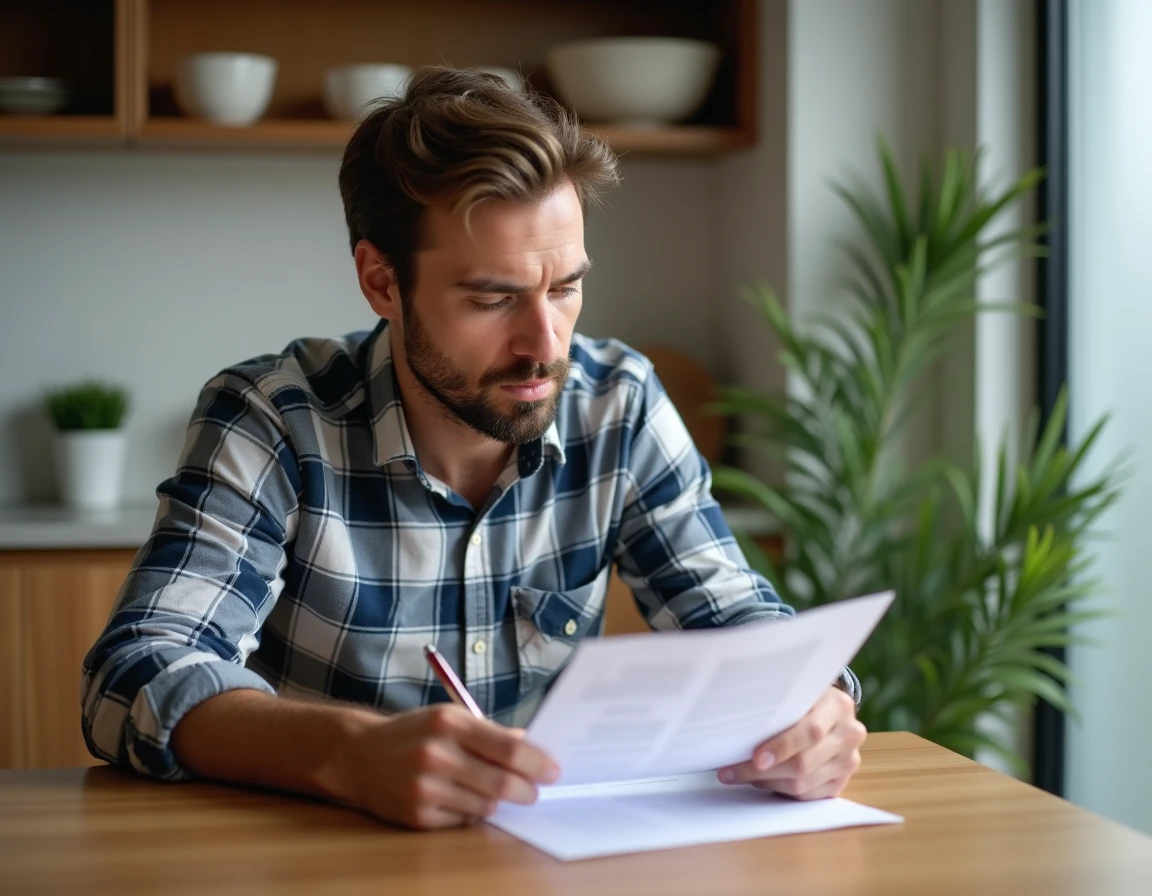 Homme lisant attentivement un contrat de location immobilière assis à une table en bois dans une cuisine moderne