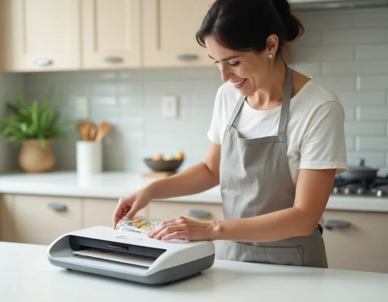 Femme utilisant une machine sous vide FoodSaver sur un plan de travail de cuisine moderne