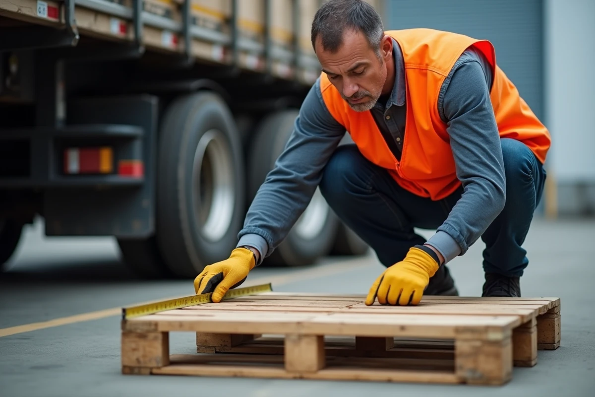 Ouvrier logistique mesurant les dimensions d'une palette Europe sur un quai de chargement avec un camion de livraison