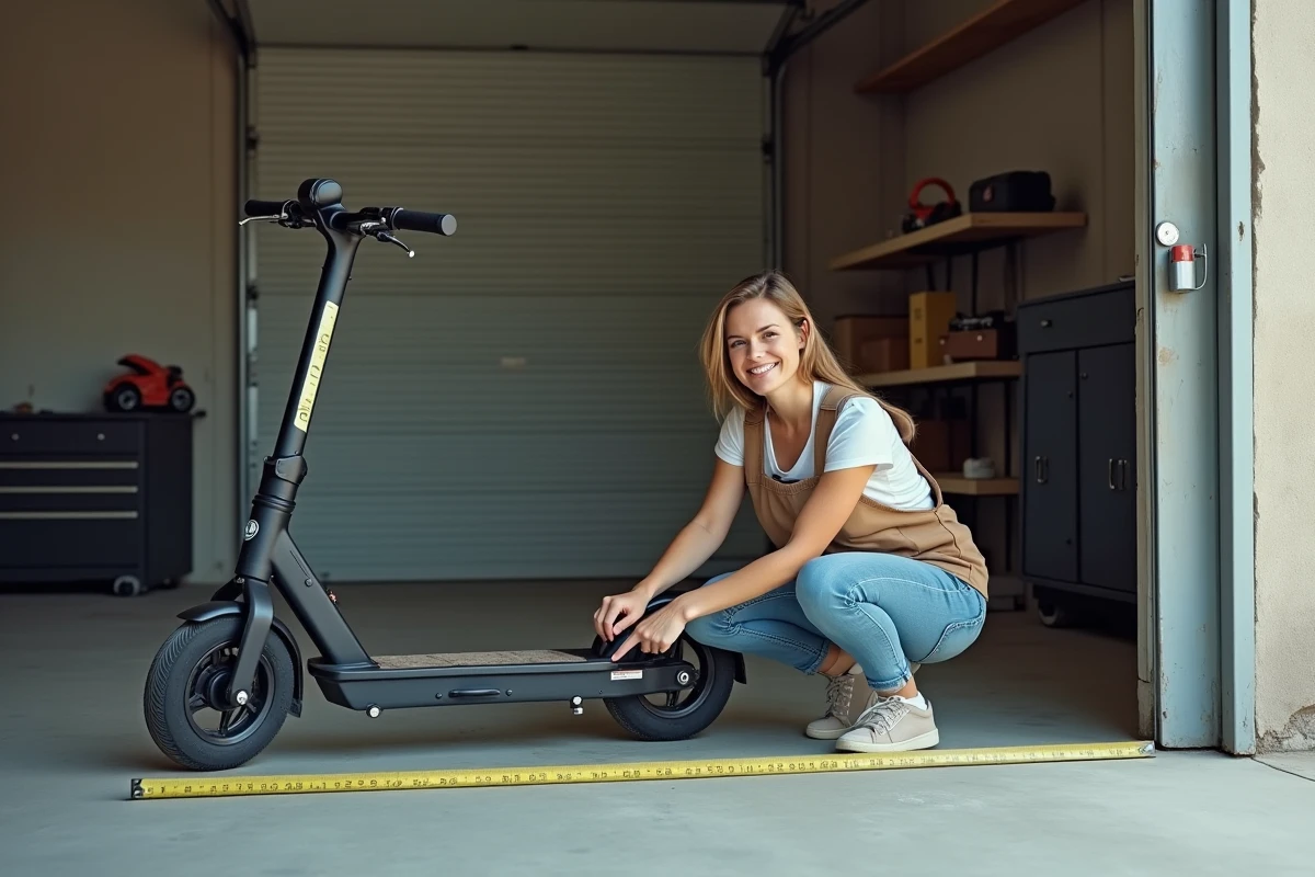 Femme mesurant la longueur d'un scooter adulte avec un mètre ruban dans un garage en béton