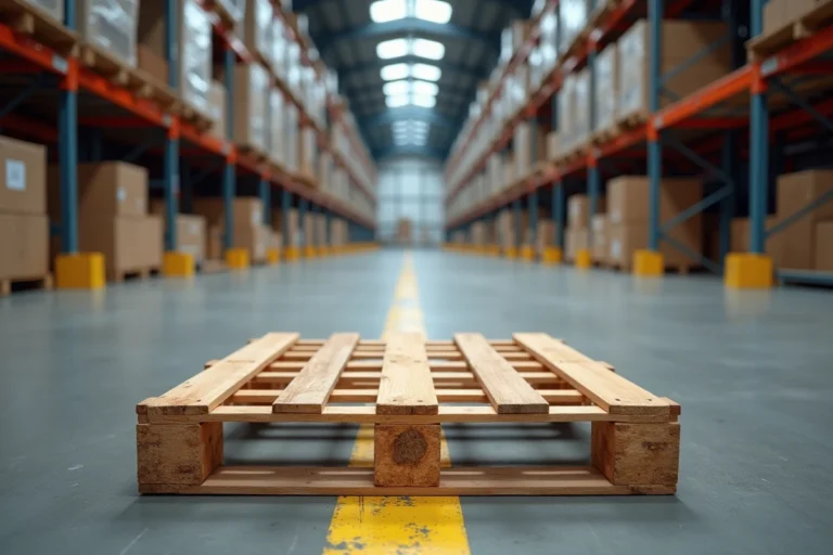 Palette Europe en bois vue en contre-plongée dans un entrepôt logistique moderne avec marquages au sol jaunes