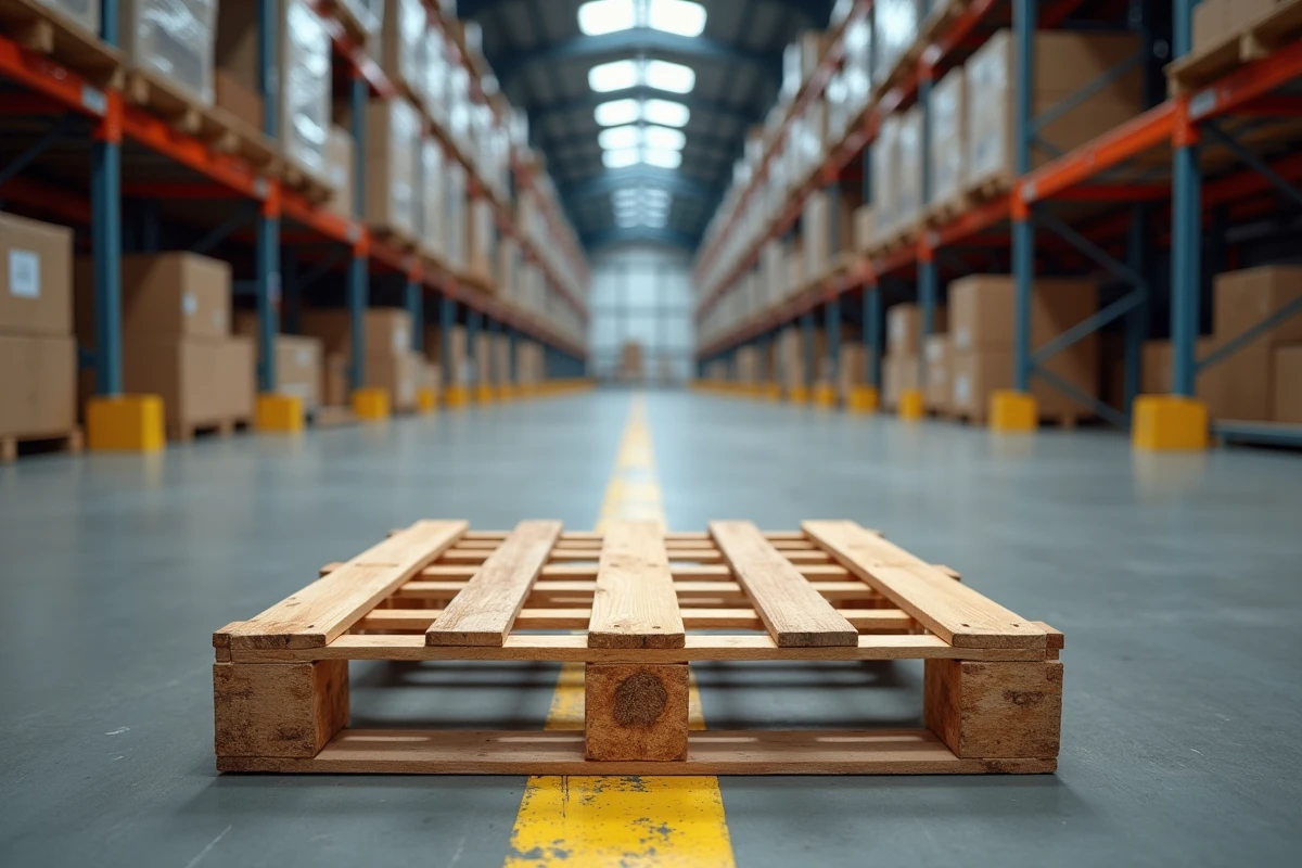 Palette Europe en bois vue en contre-plongée dans un entrepôt logistique moderne avec marquages au sol jaunes