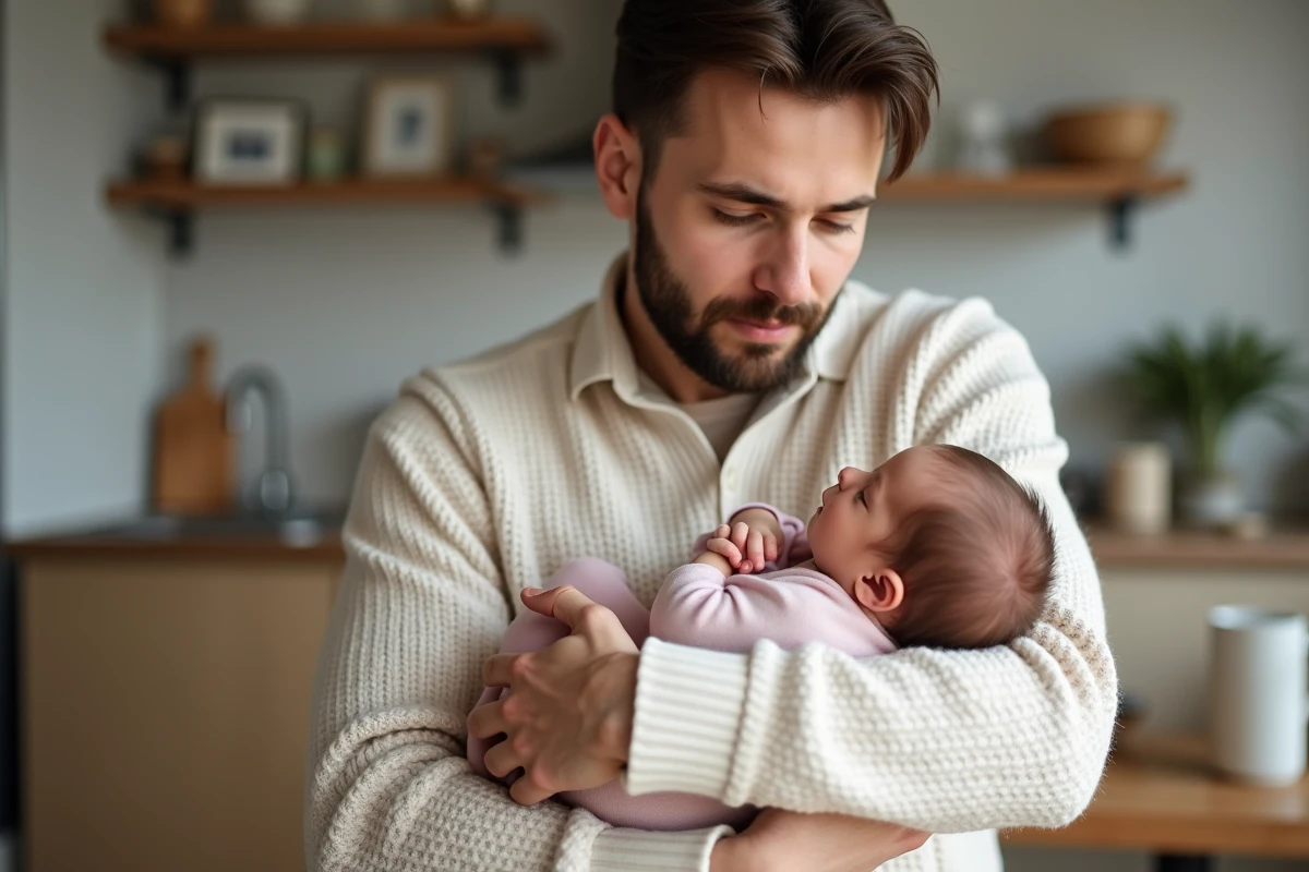 Pere tenant un bebe endormi dans la cuisine