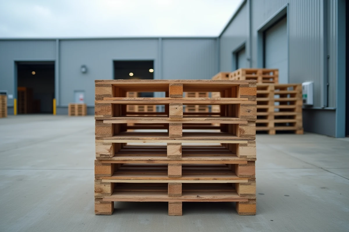 Pile de palettes Europe standardisées stockées à l'extérieur d'un centre de distribution logistique