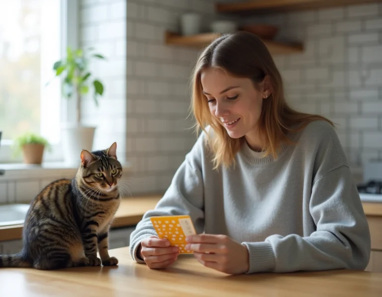 Femme tenant une plaquette de pilule contraceptive pour chat avec son félin assis sur une table en bois