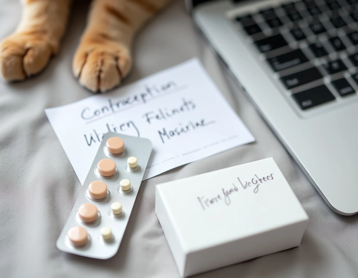 Flat-lay d'une boîte de pilule contraceptive pour chat avec plaquette de comprimés et ordinateur portable sur lin gris