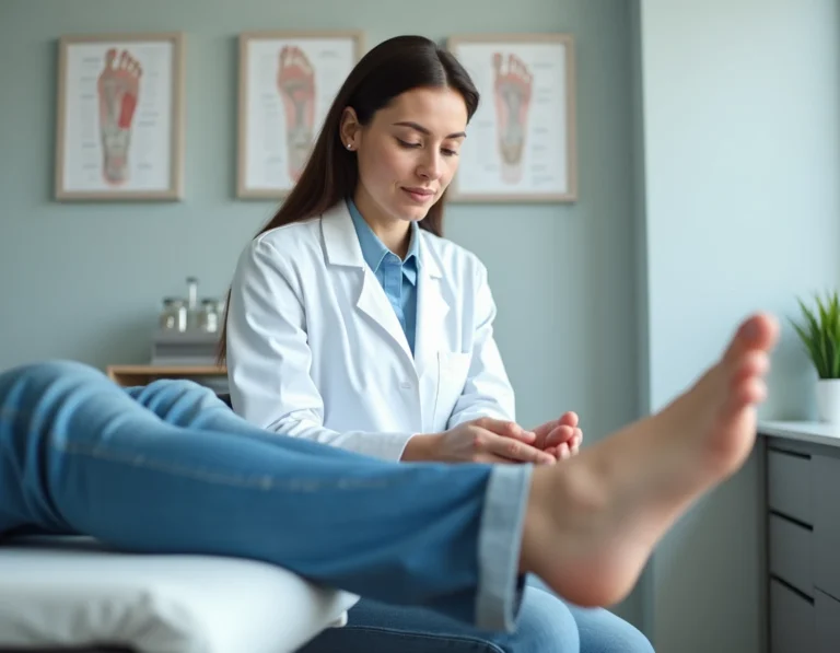 Podologue examinant la voûte plantaire d'un patient en cabinet pour diagnostiquer une fasciite plantaire