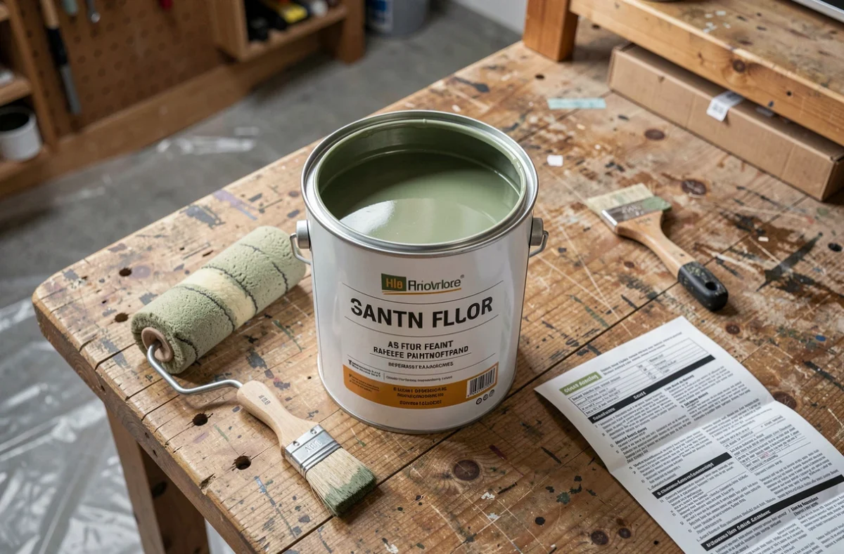 Pot de peinture sol Luxens ouvert avec rouleau et pinceau sur un établi de bricolage