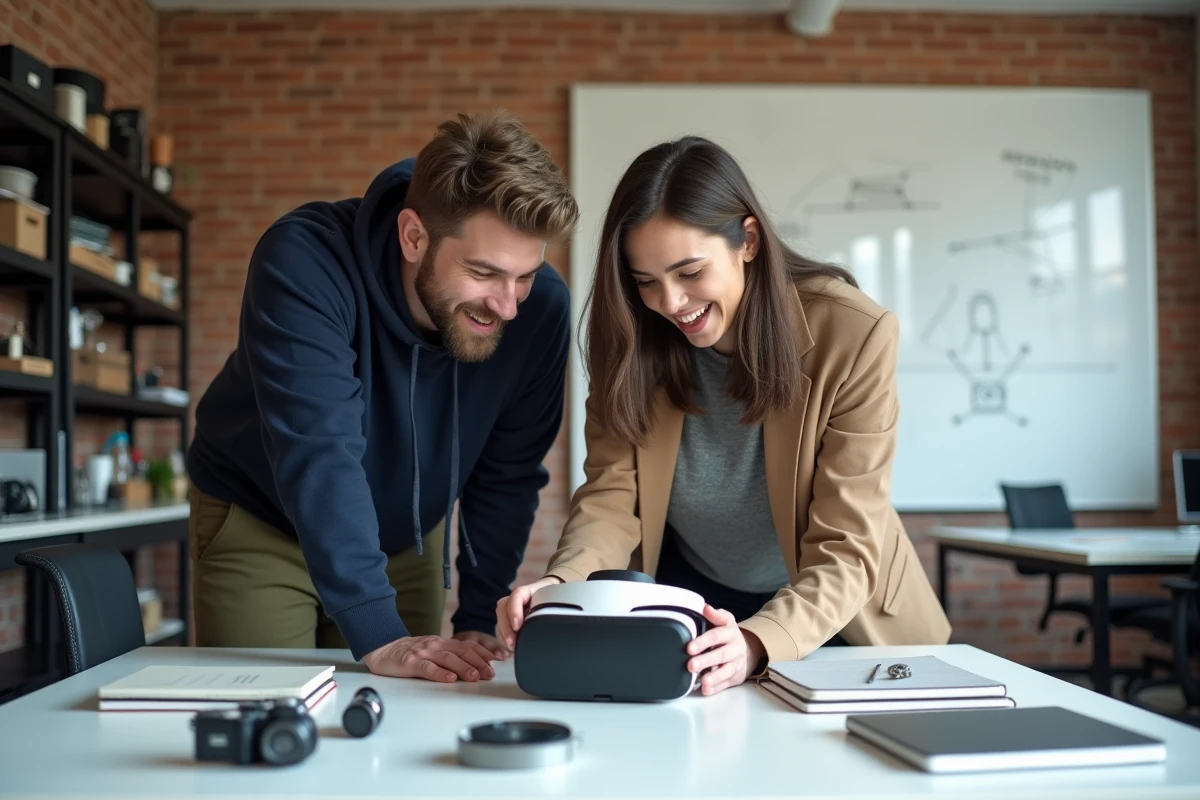 Deux jeunes professionnels explorant un casque de réalité augmentée dans un espace de startup innovant