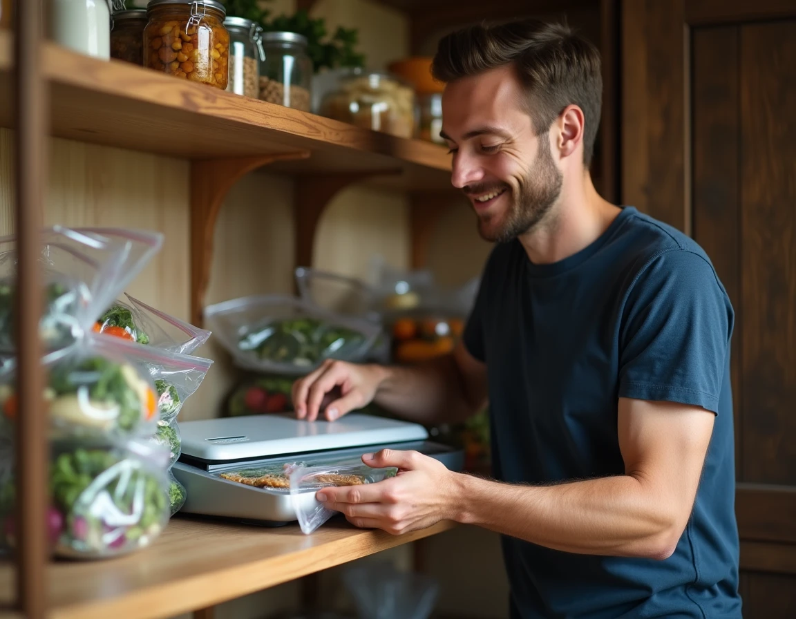 Homme rangeant des aliments sous vide FoodSaver dans un garde-manger organisé à domicile
