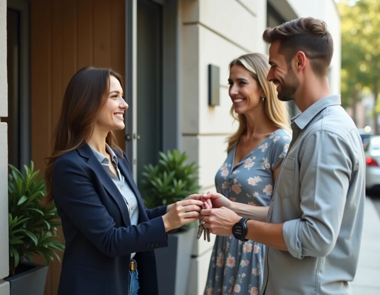 Agent immobilière remettant les clés d'un appartement à un jeune couple souriant devant l'entrée d'un immeuble moderne