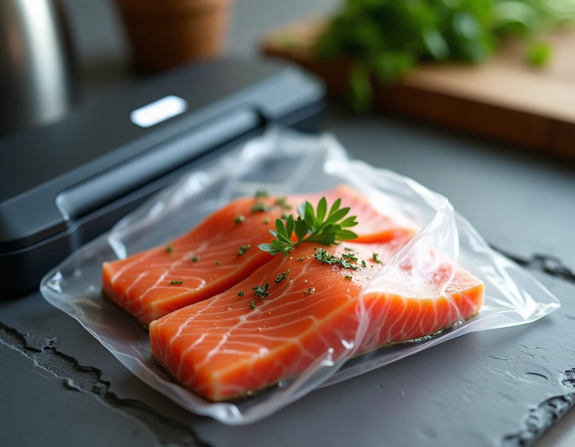 Sac sous vide FoodSaver contenant du saumon frais scellé hermétiquement sur un plan ardoise