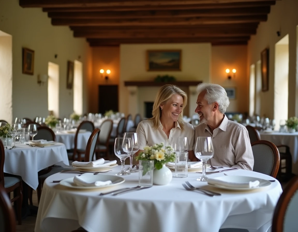 Salle de restaurant gastronomique rustique en Puisaye avec décor en pierre et couples attablés sur nappe blanche