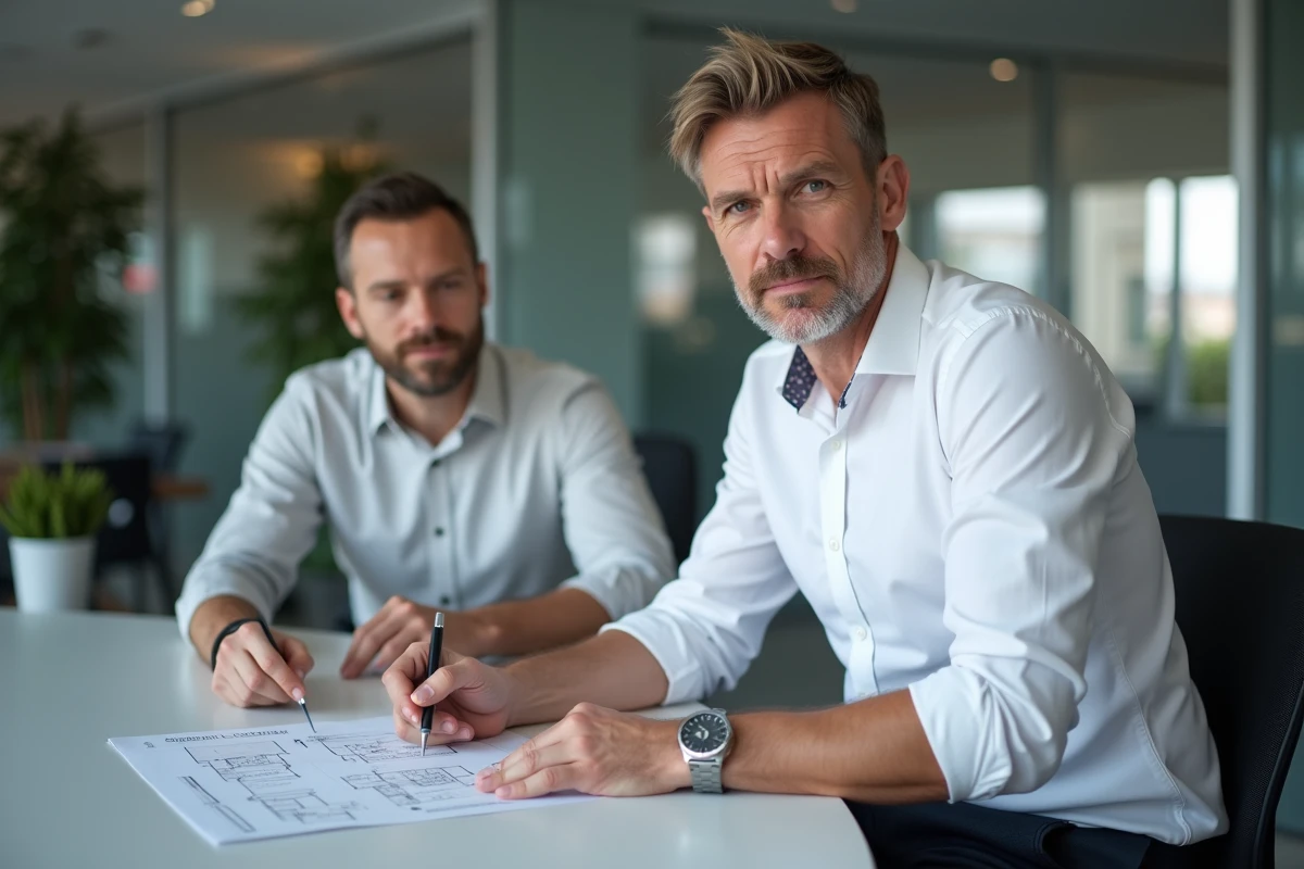 Homme signant un contrat immobilier dans une agence moderne avec un conseiller en face de lui
