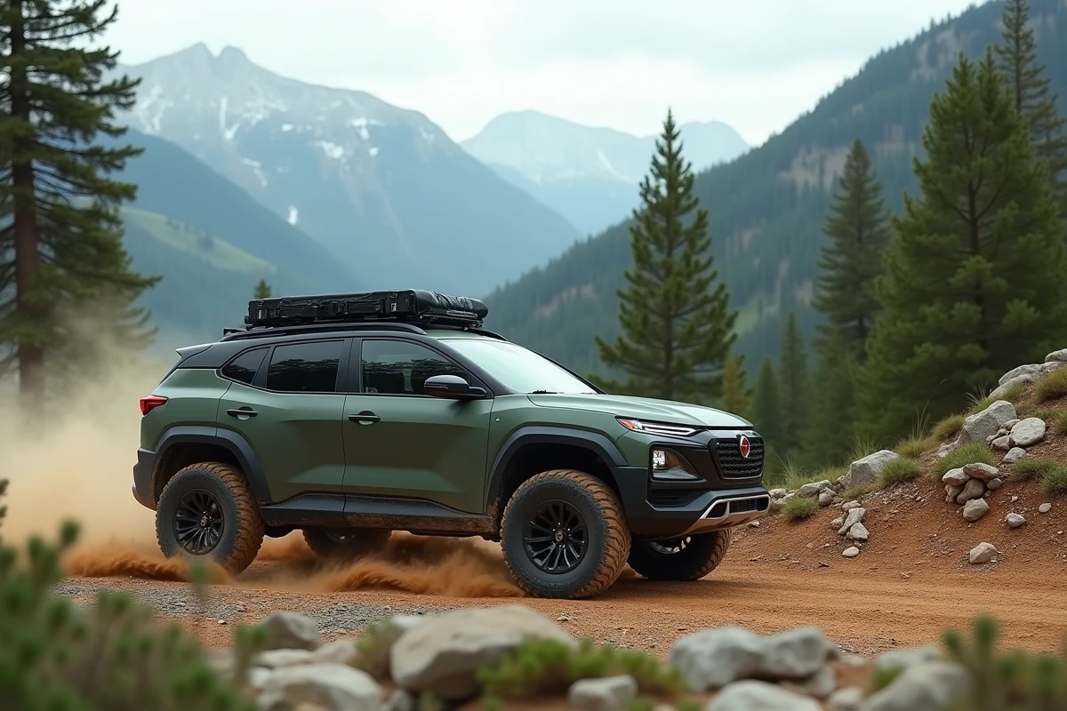 SUV hybride 2024 vert mat en train de rouler sur un sentier de montagne poussiéreux entouré de forêts de pins et de terrain rocheux