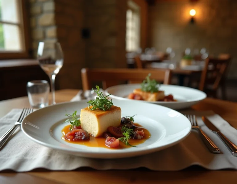 Assiette gastronomique de terrine de foie gras et compotée de figues servie dans un restaurant de la Puisaye en Bourgogne