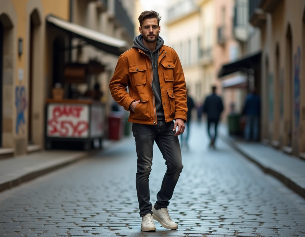 Homme en veste utilitaire orange tendance dans une rue pavée d'une ville européenne