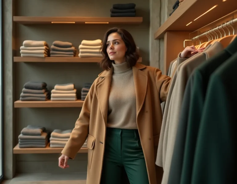 Femme tendance en manteau camel oversize dans une boutique de mode parisienne minimaliste