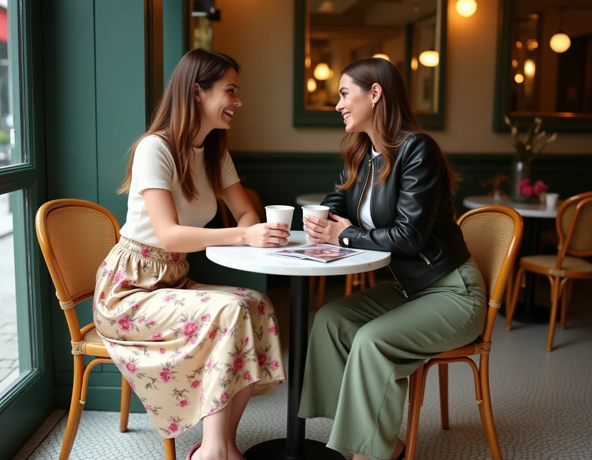 Deux femmes stylées en tenues tendances saisonnières attablées dans une brasserie parisienne
