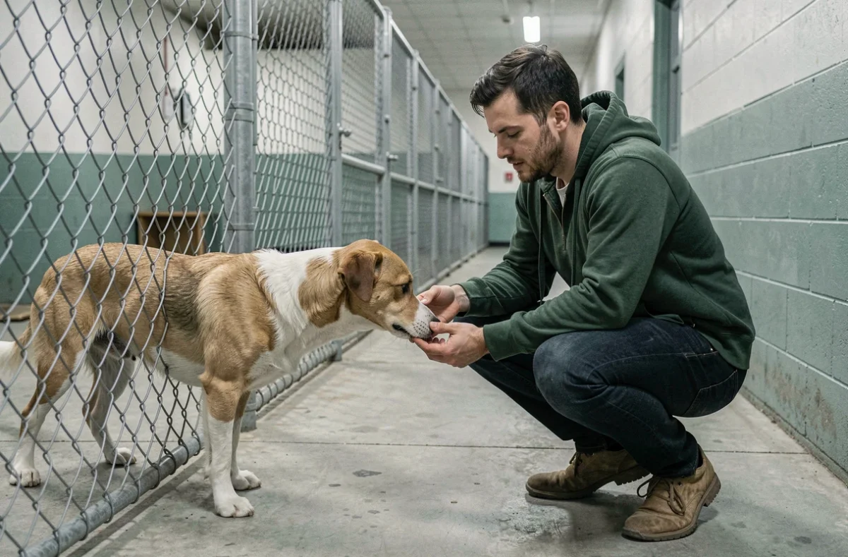 Homme en contact avec un chien en chenil lors d'une visite d'adoption à la SPA